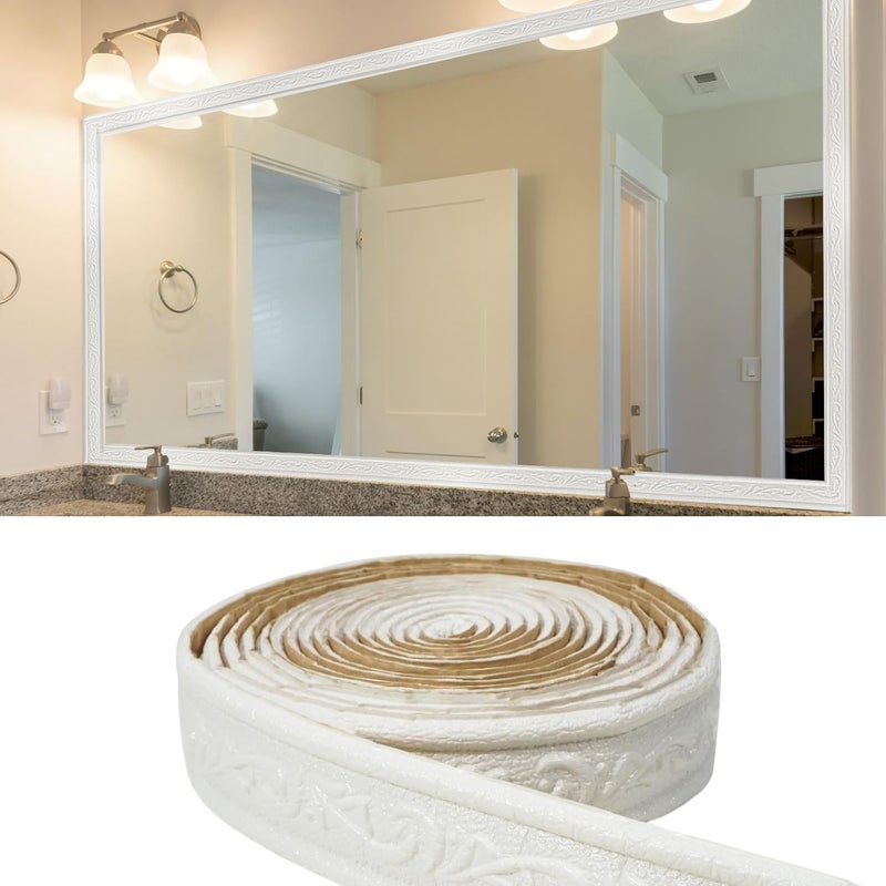 WADILE حافة جدارية ثلاثية الأبعاد 90" x 1.57"، قالب لاصق ذاتي، حدود ورق جدران مرنة من PVC للجدران، المرايا، القوائم، خطوط التمييز - أبيض - Image 1
